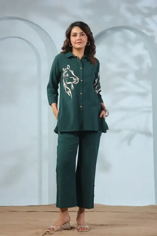 Emerald Horse Embroidery Cotton Flex Co-ord Set
