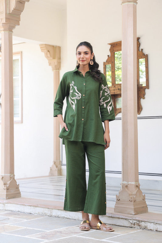 Olive Horse Embroidered Cotton Flex Co-ord Set