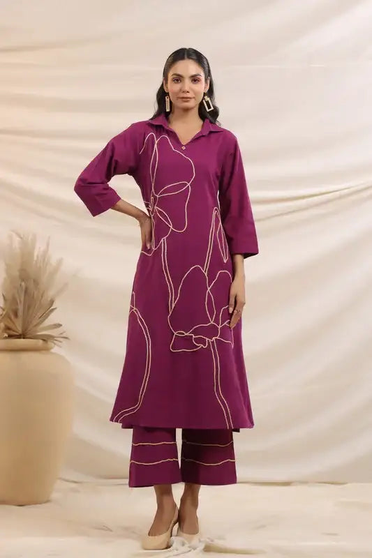 Purple Bloom Embroidered Cotton Co-ord Set