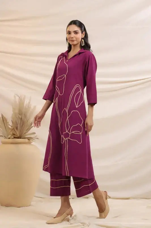 Purple Bloom Embroidered Cotton Co-ord Set