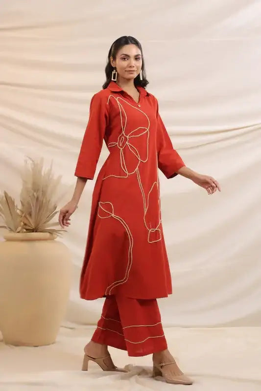 Rust Bloom Embroidered Cotton Co-ord Set