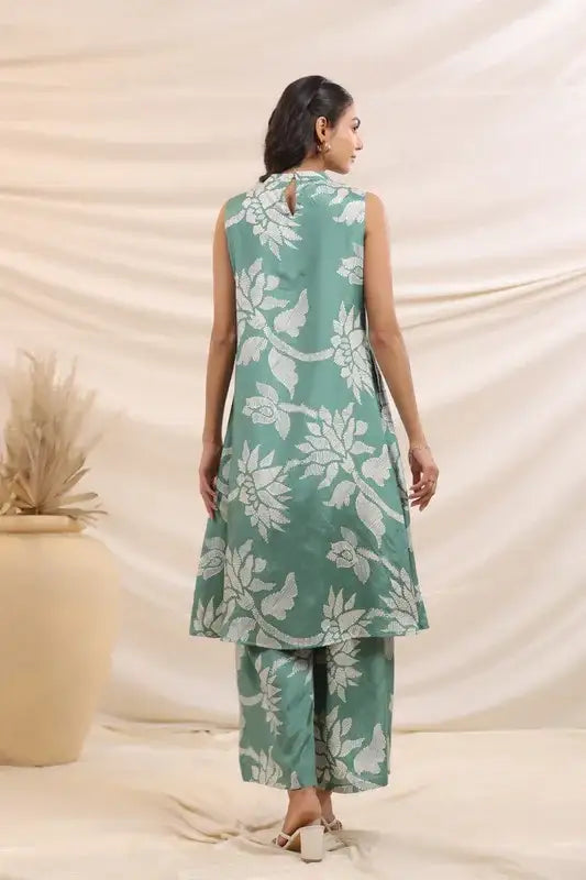 Mint Green Bloom Sleeveless Russian Silk Co-ord Set