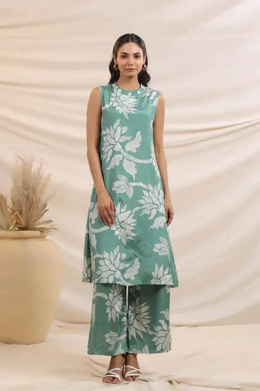 Mint Green Bloom Sleeveless Russian Silk Co-ord Set
