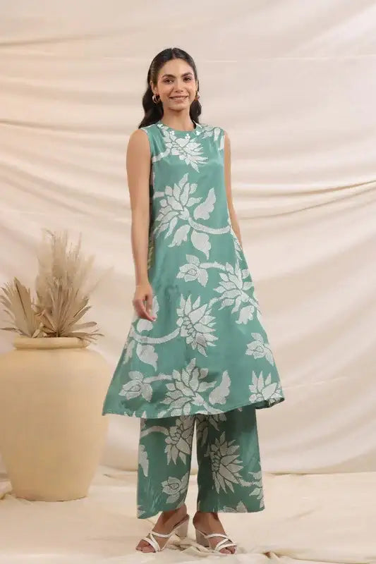 Mint Green Bloom Sleeveless Russian Silk Co-ord Set