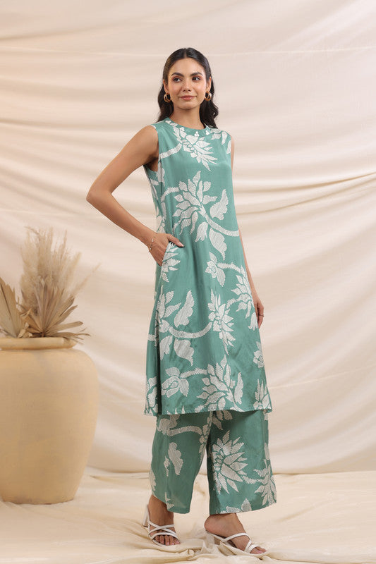 Mint Green Bloom Sleeveless Russian Silk Co-Ord Set