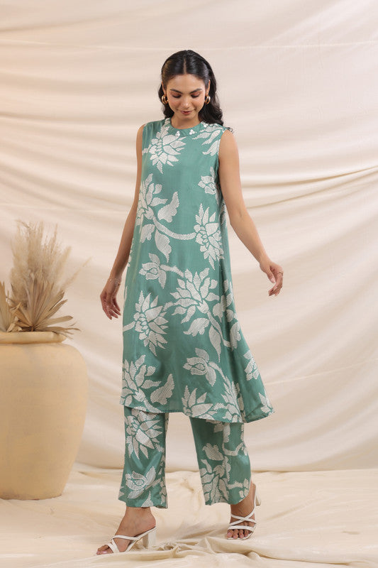 Mint Green Bloom Sleeveless Russian Silk Co-Ord Set