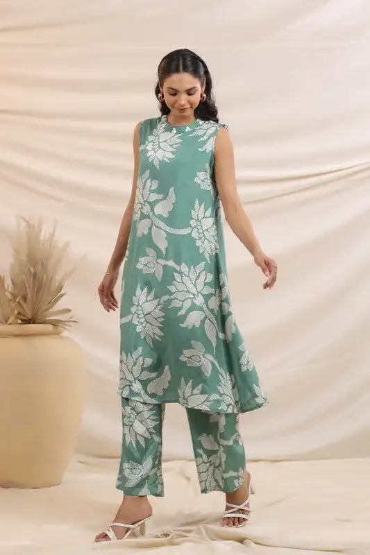 Mint Green Bloom Sleeveless Russian Silk Co-ord Set