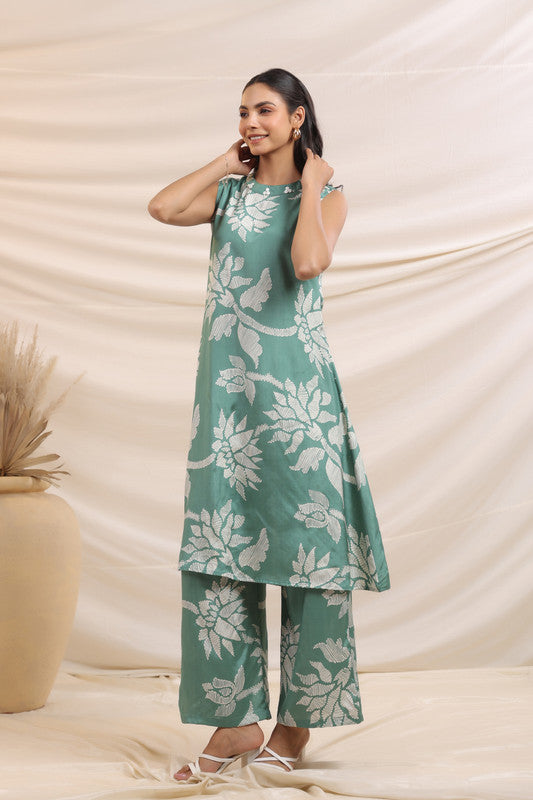 Mint Green Bloom Sleeveless Russian Silk Co-Ord Set