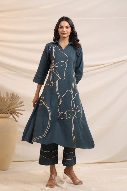 Charcoal Embroidered Cotton Flex Co-ord Set