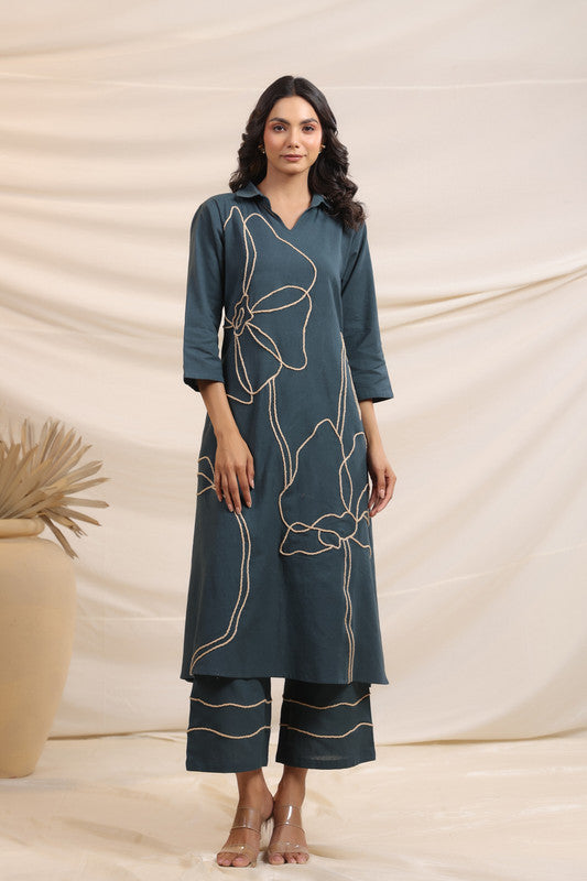 Charcoal Embroidered Cotton Flex Co-ord Set