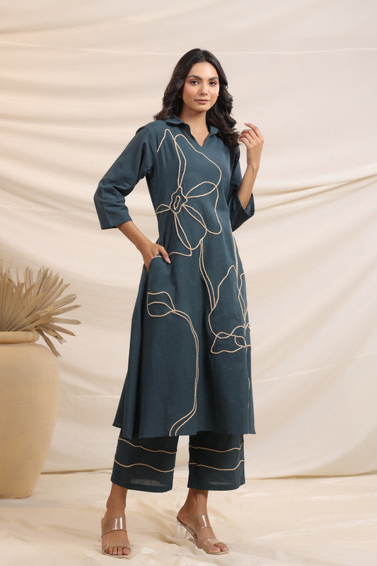 Charcoal Embroidered Cotton Flex Co-ord Set