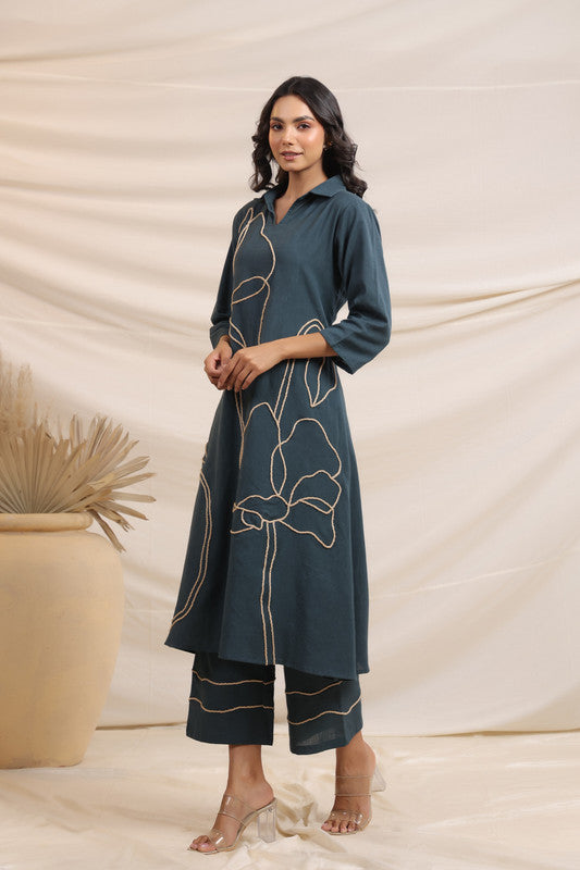 Charcoal Embroidered Cotton Flex Co-ord Set
