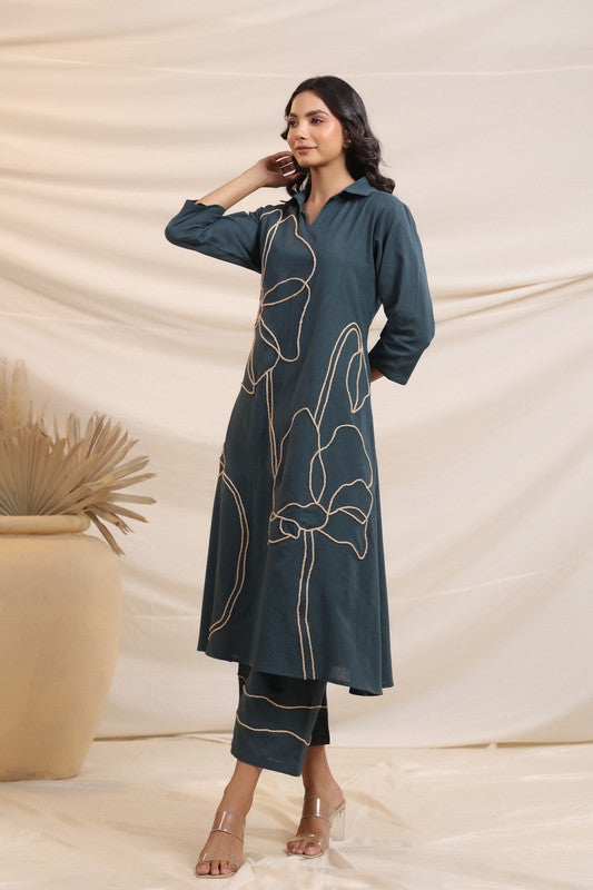 Charcoal Embroidered Cotton Flex Co-ord Set