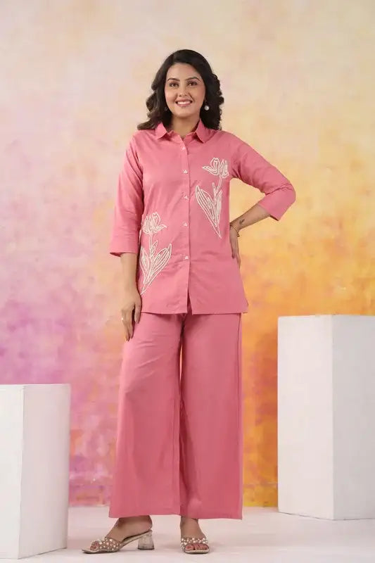 Serene Stitch Embroidered Pink Cotton Co-ord Set