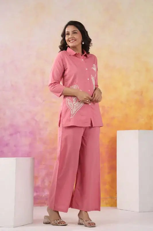 Serene Stitch Embroidered Pink Cotton Co-ord Set