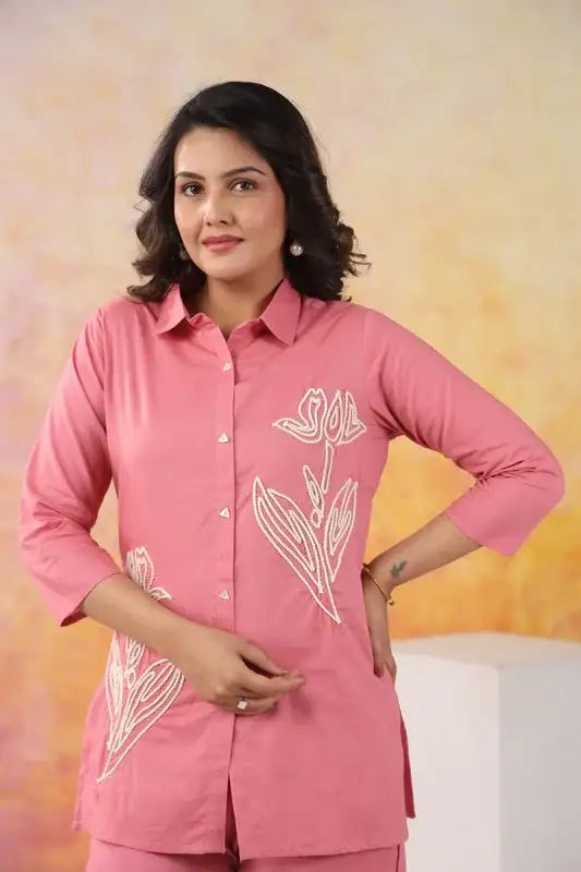 Serene Stitch Embroidered Pink Cotton Co-ord Set