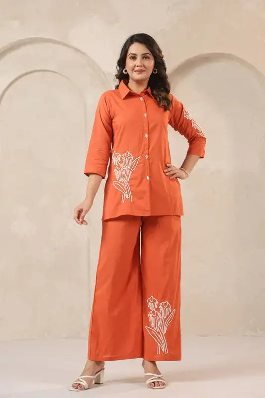 Orange Floral Embroidered Cotton Co-ord Set