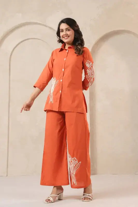 Orange Floral Embroidered Cotton Co-ord Set