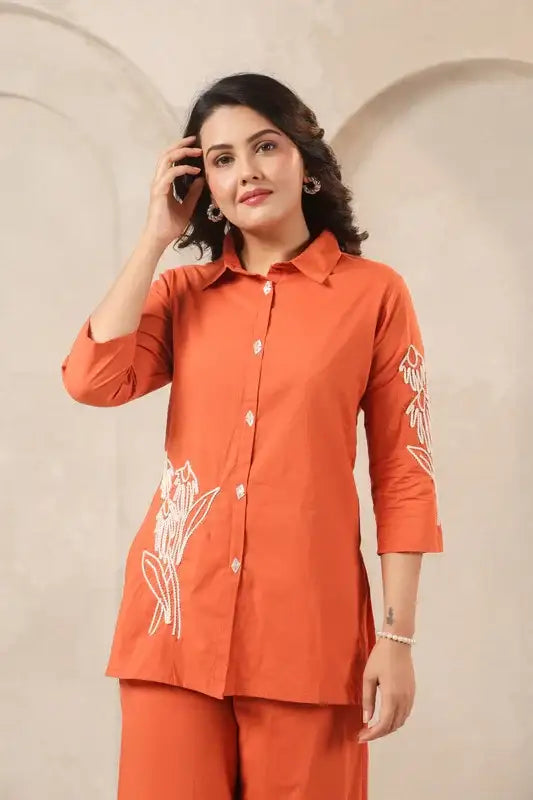 Orange Floral Embroidered Cotton Co-ord Set