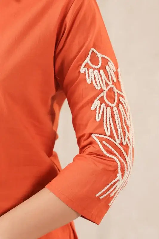 Orange Floral Embroidered Cotton Co-ord Set