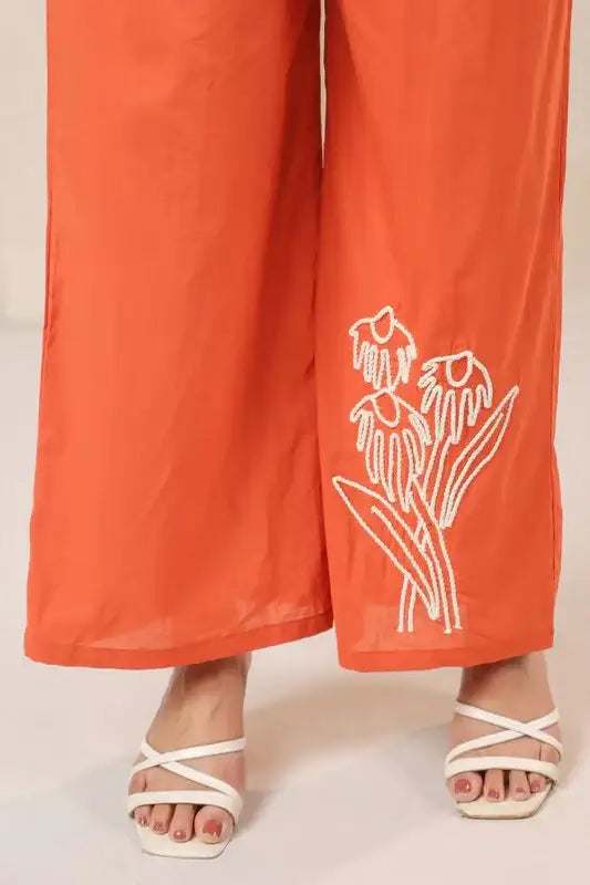 Orange Floral Embroidered Cotton Co-ord Set