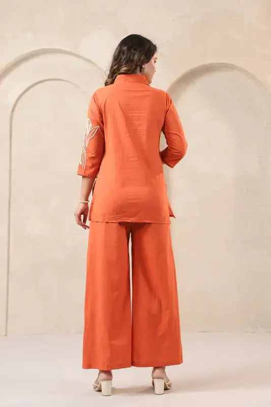 Orange Floral Embroidered Cotton Co-ord Set