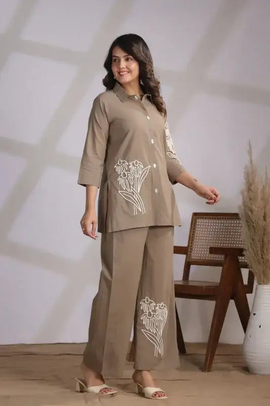 Taupe Set with Floral Embroidery Cotton Co-ord Set