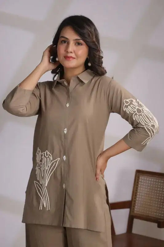 Taupe Set with Floral Embroidery Cotton Co-ord Set