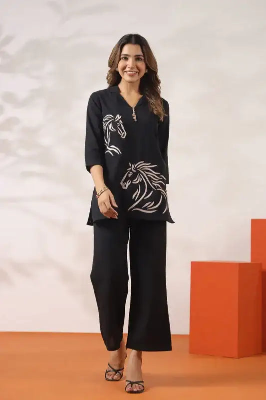 Black with Horse Motif Cotton Flex Co-ord Set