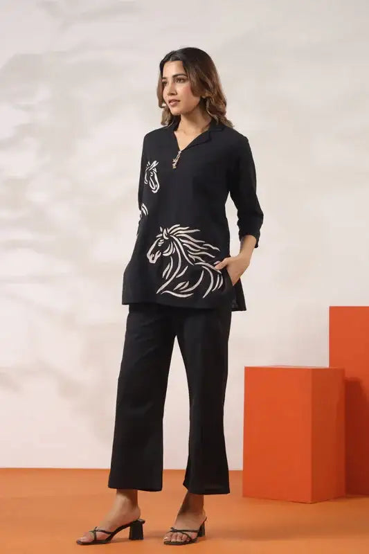 Black with Horse Motif Cotton Flex Co-ord Set