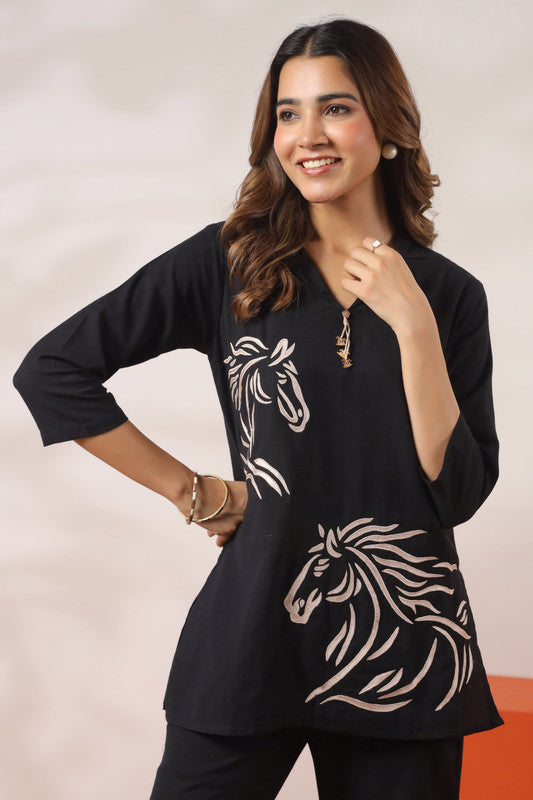 Black with Horse Motif Cotton Flex Co-ord Set