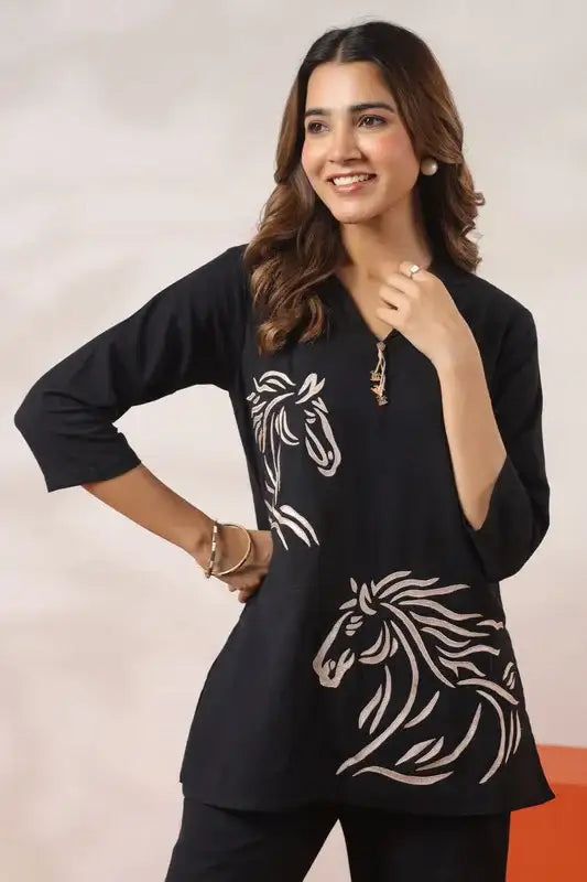 Black with Horse Motif Cotton Flex Co-ord Set