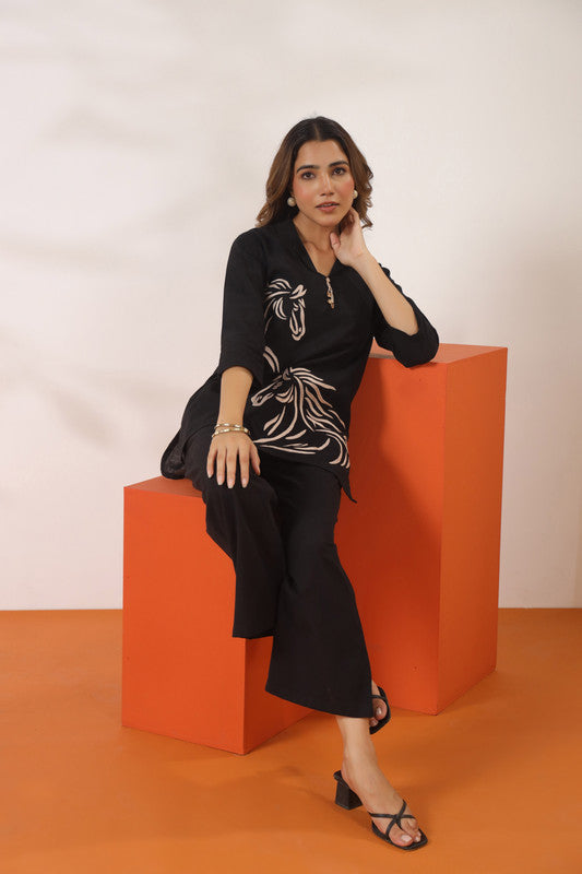 Black with Horse Motif Cotton Flex Co-ord Set