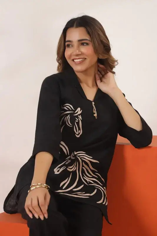 Black with Horse Motif Cotton Flex Co-ord Set