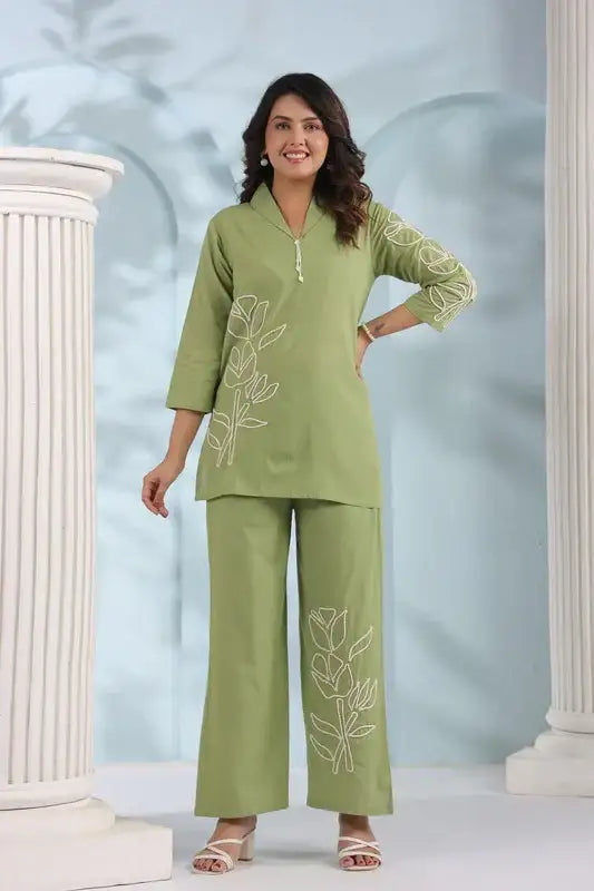 Elegant Olive Green Embroidered Cotton Flex Co-ord Set