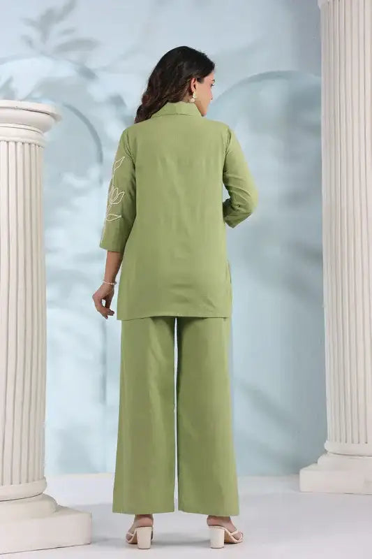 Elegant Olive Green Embroidered Cotton Flex Co-ord Set