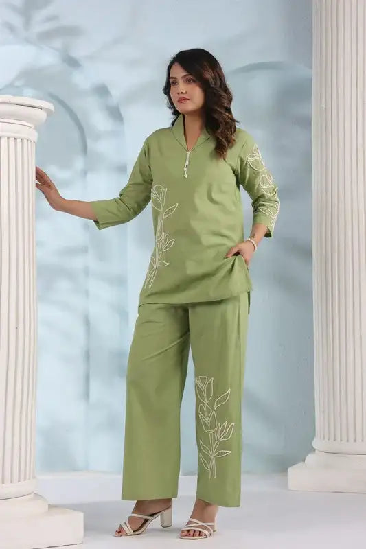 Elegant Olive Green Embroidered Cotton Flex Co-ord Set