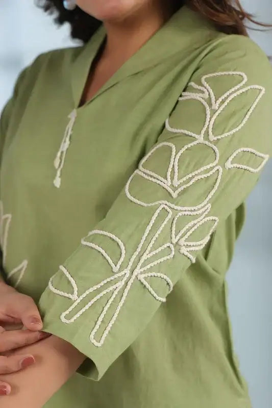 Elegant Olive Green Embroidered Cotton Flex Co-ord Set