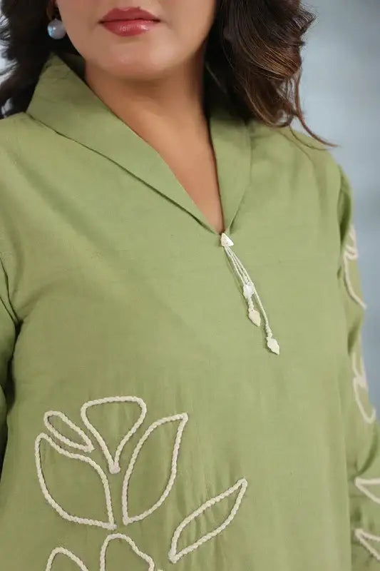 Elegant Olive Green Embroidered Cotton Flex Co-ord Set