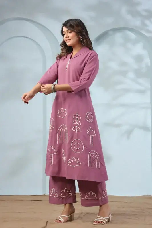 Mauve Long Abstract Embroidery Cotton Co-ord Set