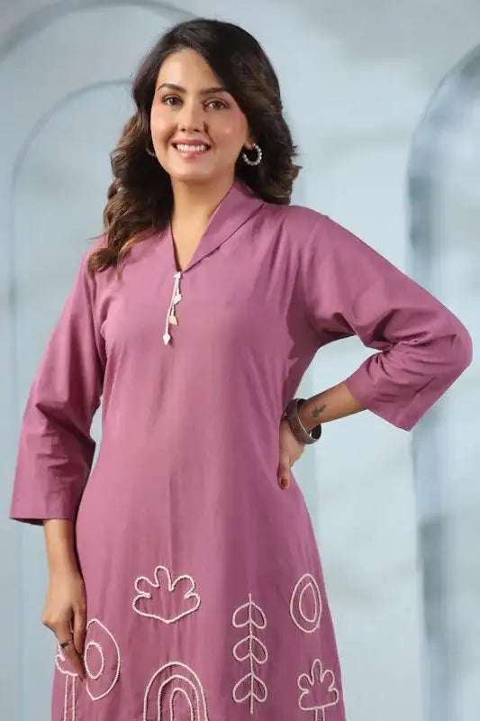 Mauve Long Abstract Embroidery Cotton Co-ord Set