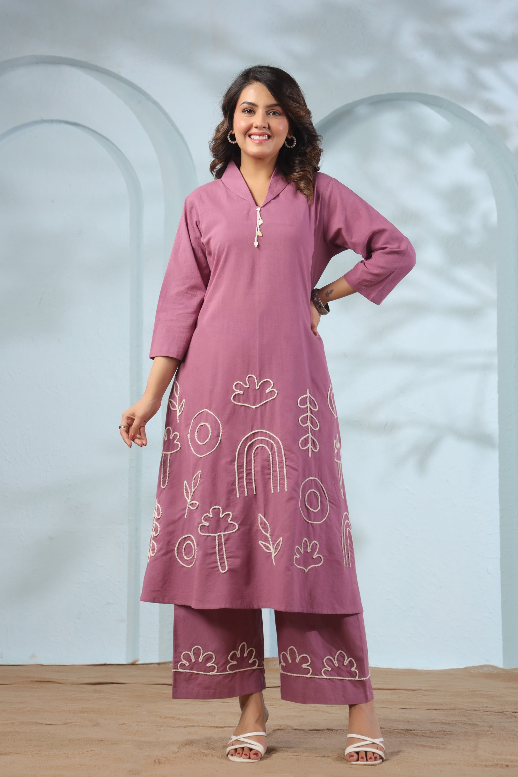 Mauve Long Abstract Embroidery Cotton Co-ord Set