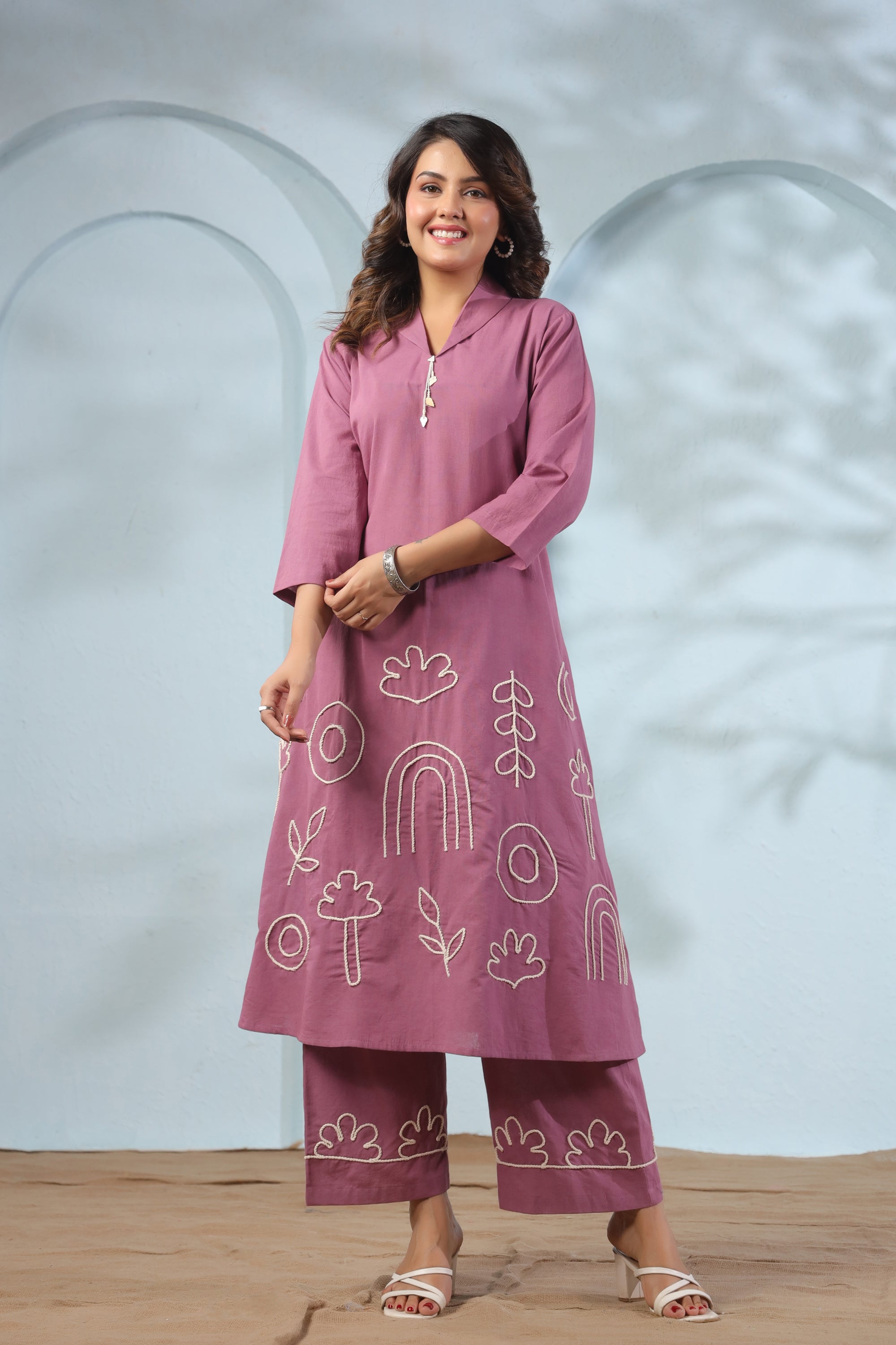 Mauve Long Abstract Embroidery Cotton Co-ord Set