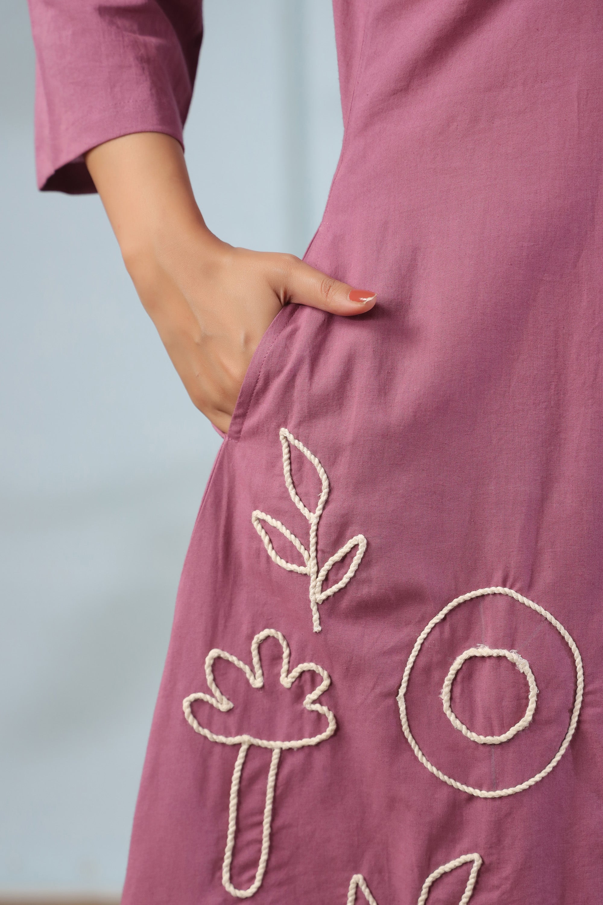 Mauve Long Abstract Embroidery Cotton Co-ord Set