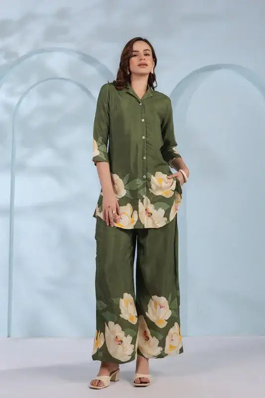 Blooming Grace in Olive Green Russian Silk Co-ord Set