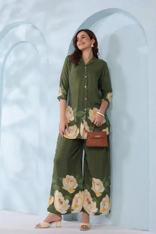 Blooming Grace in Olive Green Russian Silk Co-ord Set