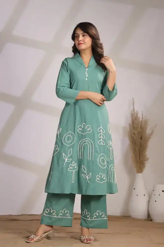 Abstract Embroidery Green Cotton Co-ord Set