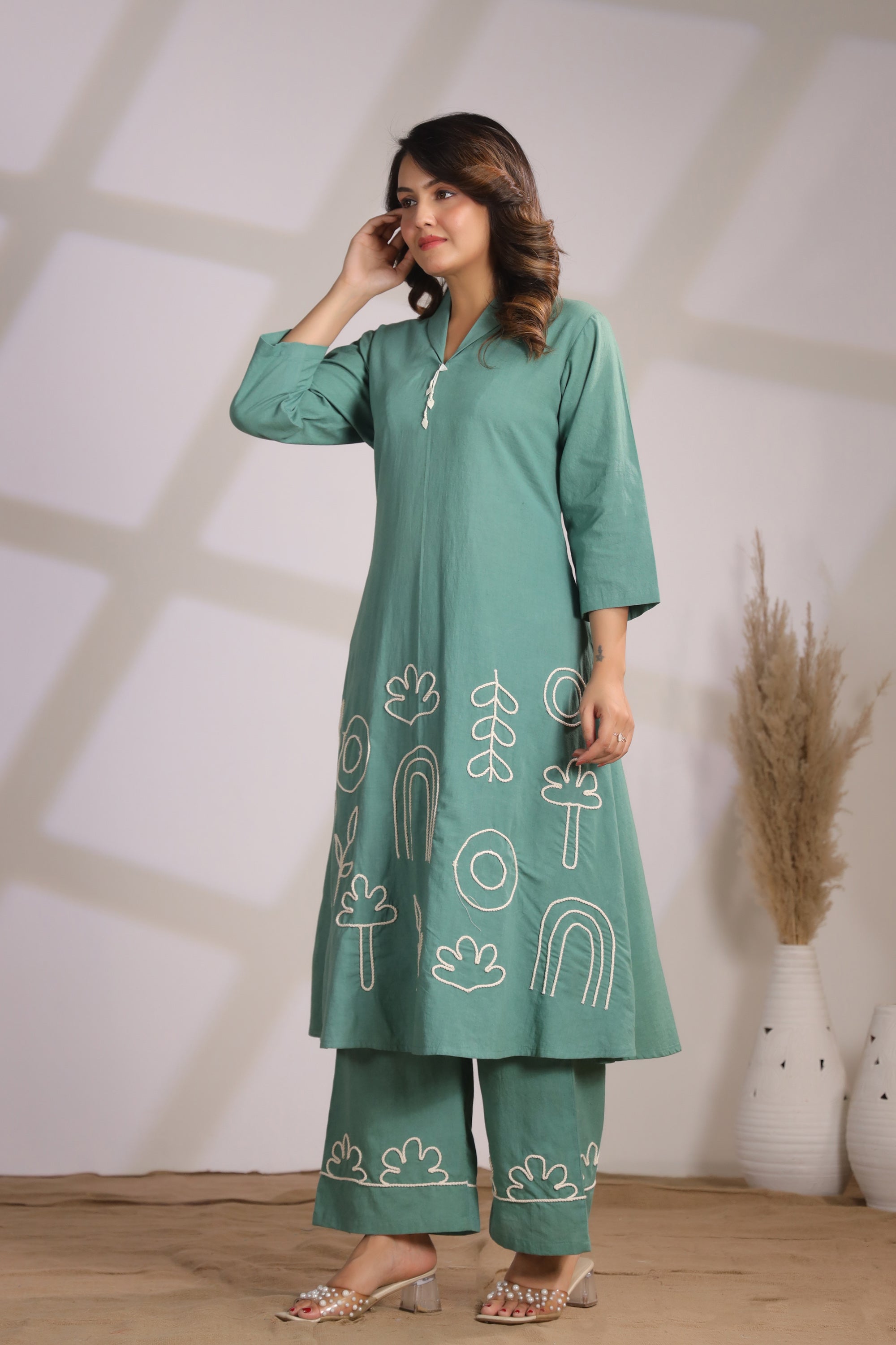 Abstract Embroidery Green Cotton Co-ord Set