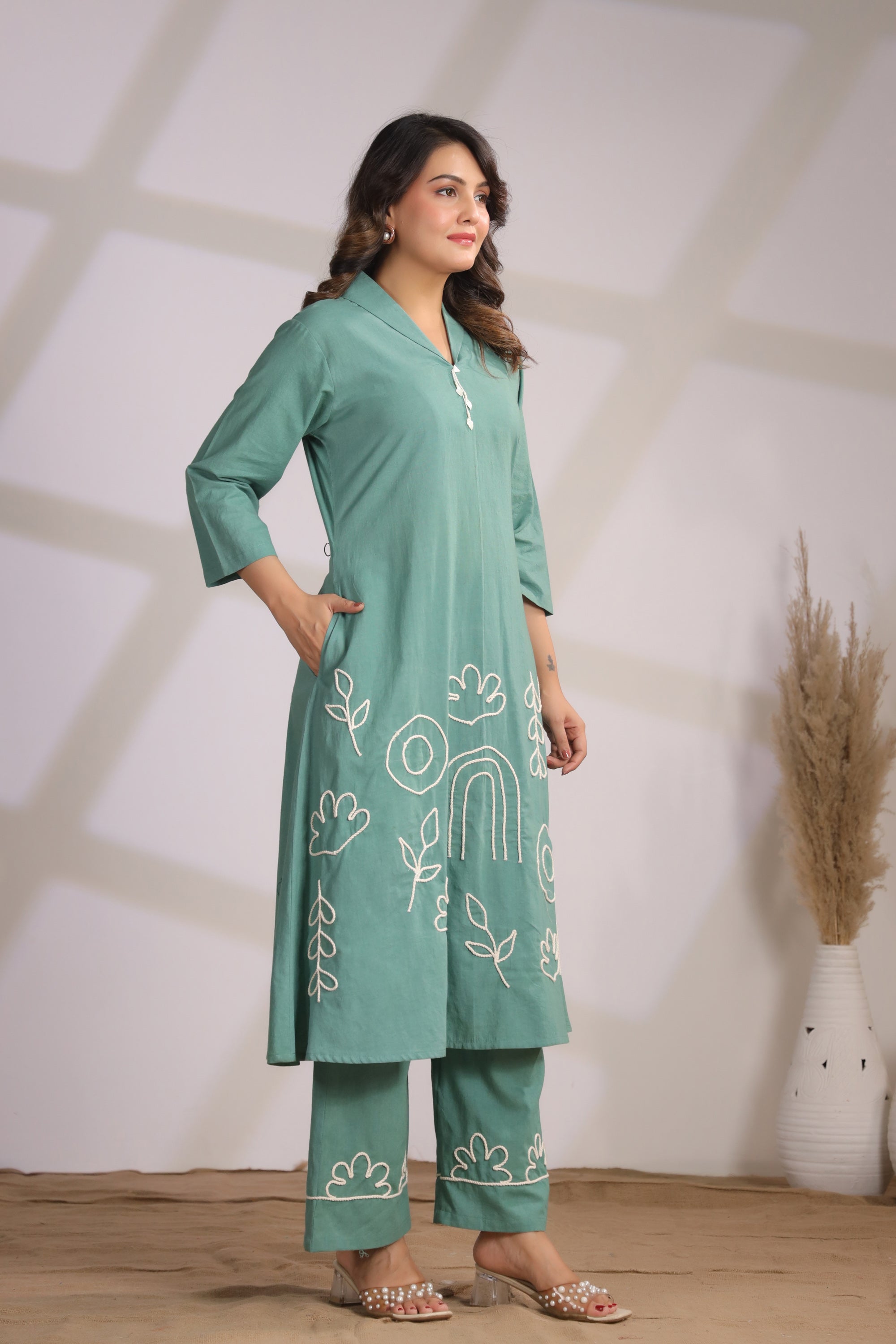 Abstract Embroidery Green Cotton Co-ord Set