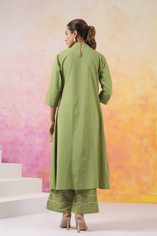 Artisanal Green Outfit with White Outline Embroidery Co-ord Set